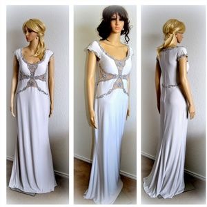 Designer Gown w/ Mesh Cutouts Crystals NWT
